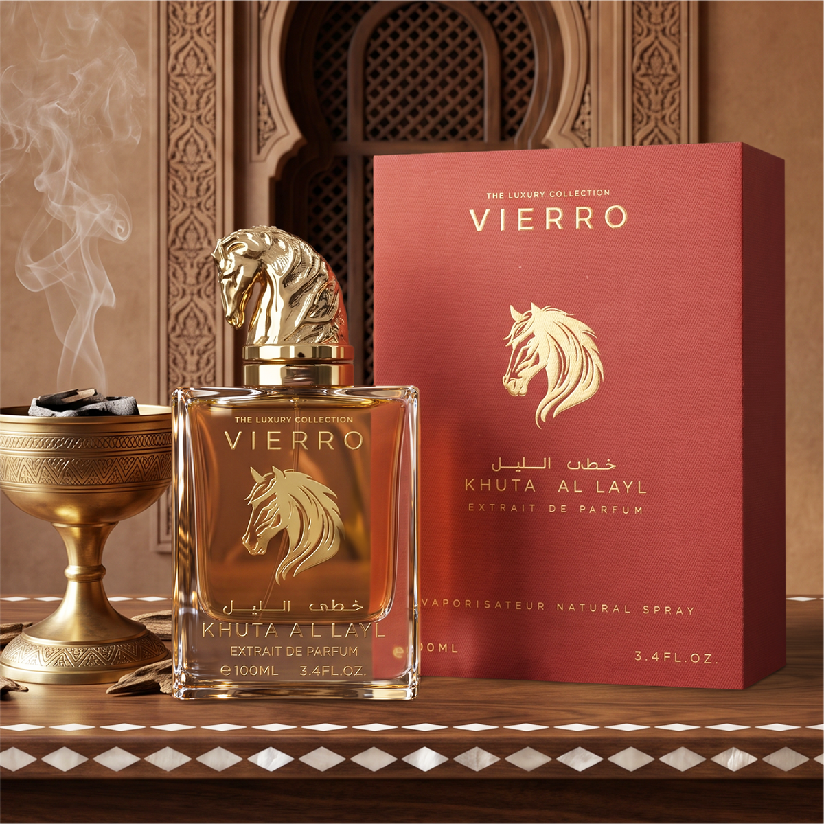 Promotional graphic for KHUTA AL LAYL Extrait de Parfum by Vierro featuring a 100ml bottle with a gold horse head cap alongside its matching product box on an ornate wooden surface with an incense burner in the background.