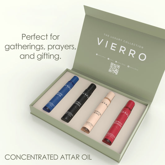 Unisex luxury attar discovery set by Vierro featuring small glass bottles with aromatic scented oils.