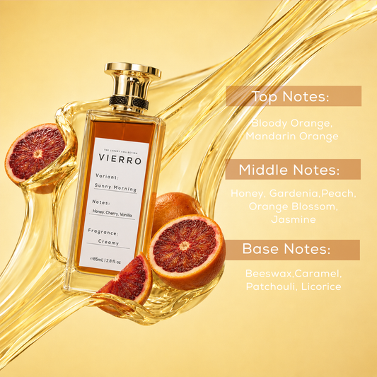 Vierro perfume bottle with blood orange slices on a yellow background Sunny Morning is a Luxury perfume for ladies in premium glass bottle with floral fragrance.