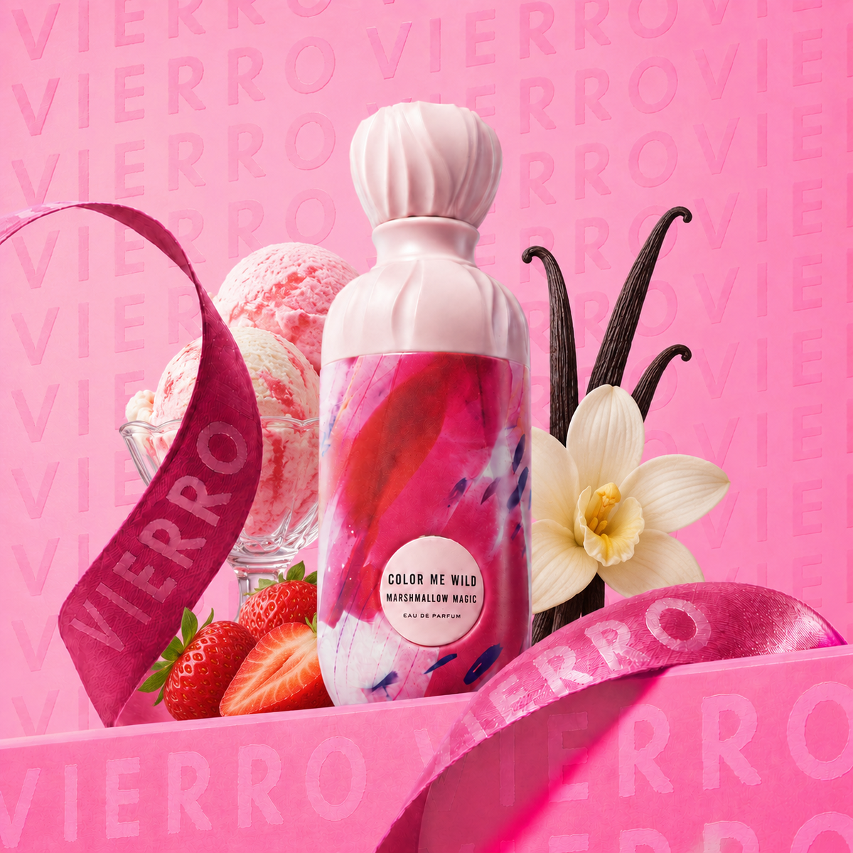 Vierro Marshmallow Magic Color Me Wild perfume bottle with playful design and pastel colors.