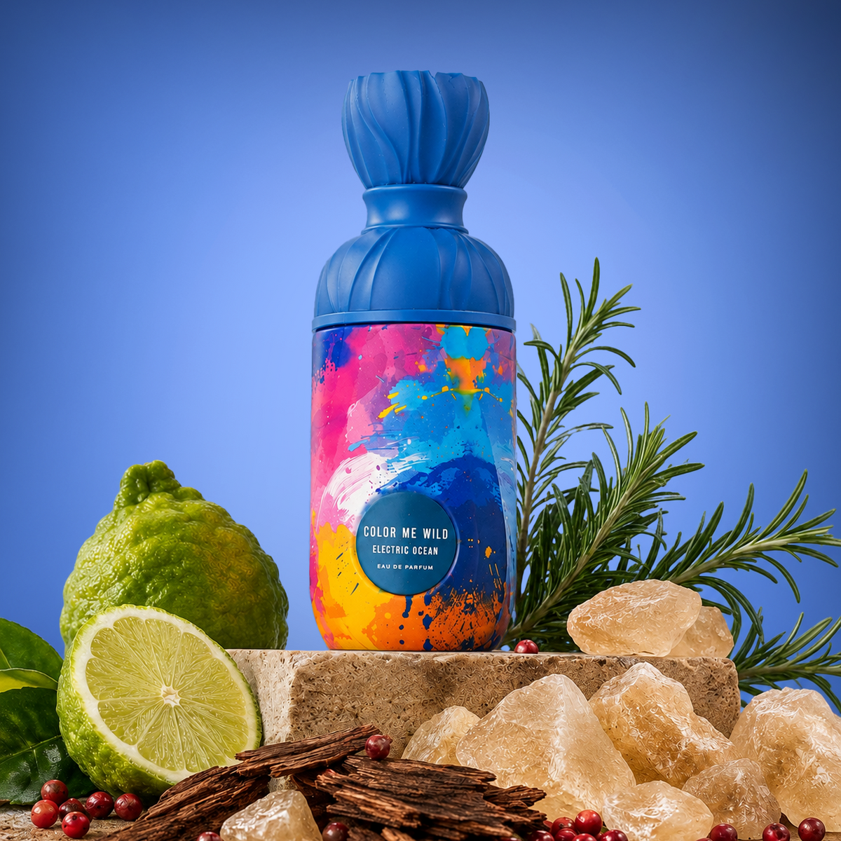 Vierro Electric Ocean perfume bottle with a sleek design and blue accents, showcasing the fragrance's fresh and oceanic vibe.