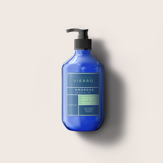 A 500ml blue pump bottle of Vierro Amorous  Handwash against a neutral light background