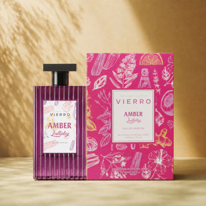 Vierro Amber Lullaby perfume box and bottle, elegant amber-colored fragrance container with decorative label and cap.
