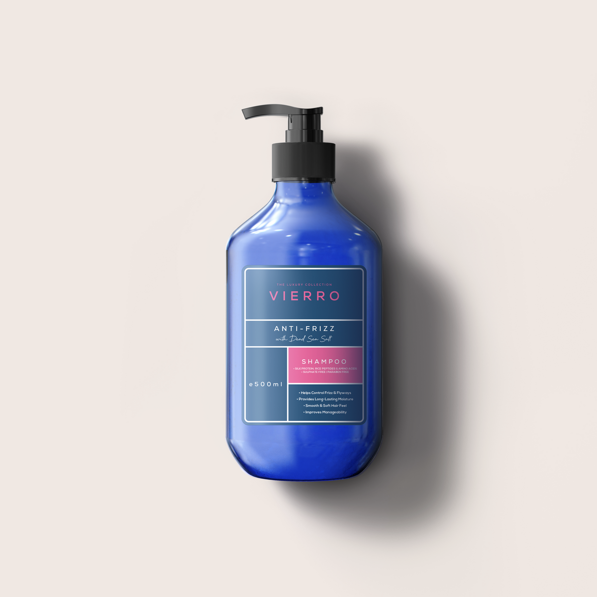 A 500ml blue pump bottle of Vierro Anti Frizz Shampoo against a neutral light background.