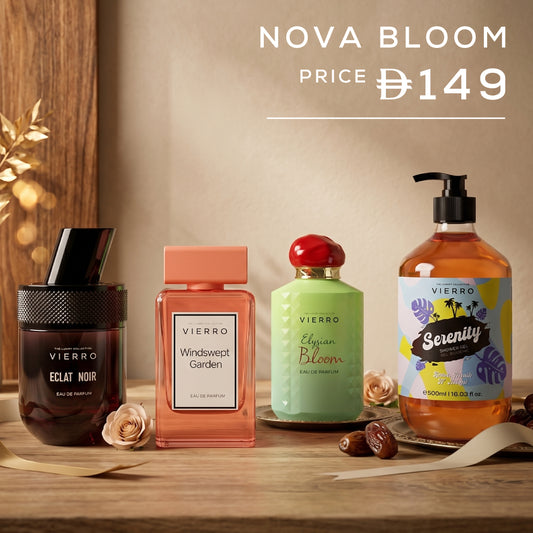 Vierro Nova Bloom gift set featuring floral-themed packaging and multiple beauty products in a stylish gift box.