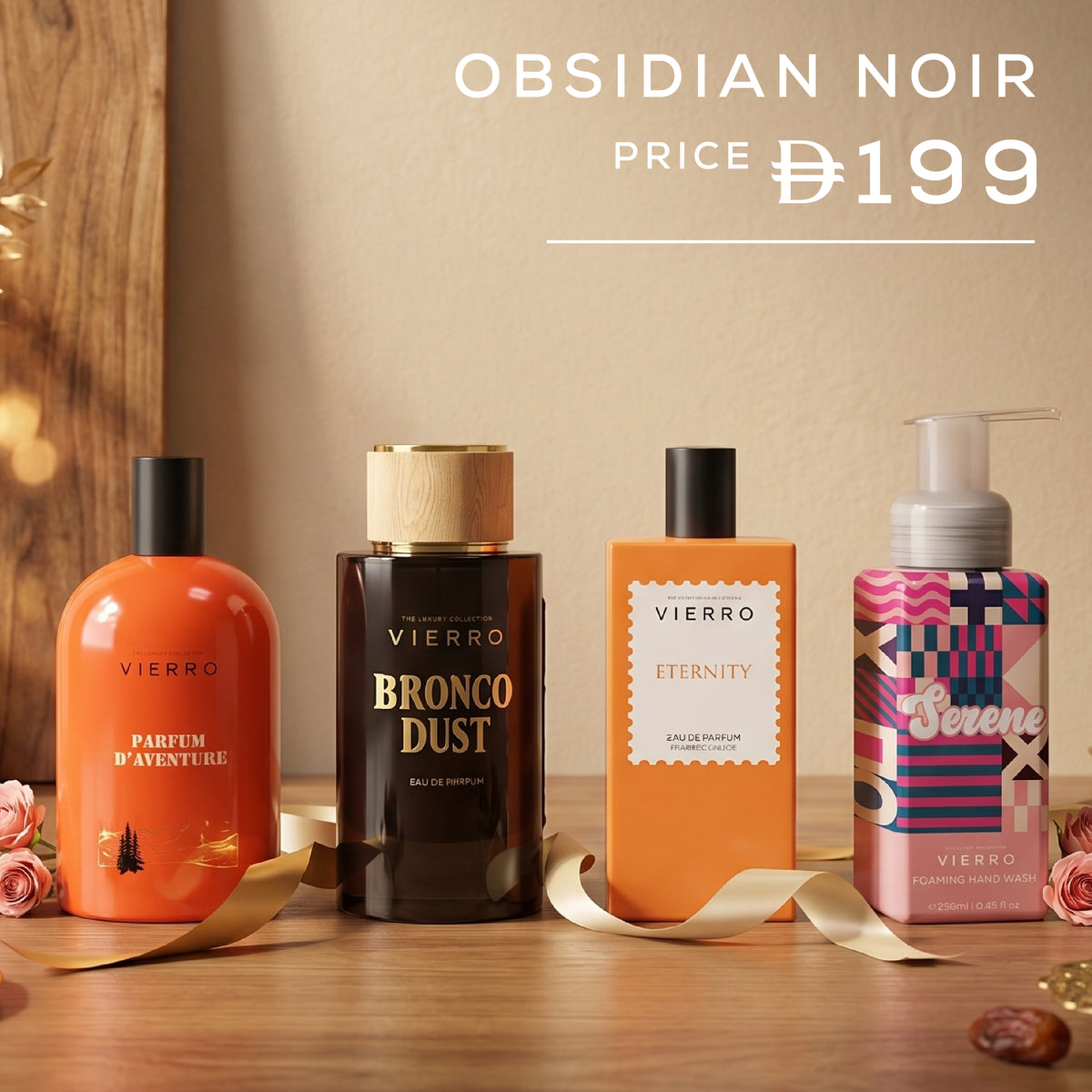 Vierro Obsidian Noir gift set with elegant black packaging and multiple skincare products inside.