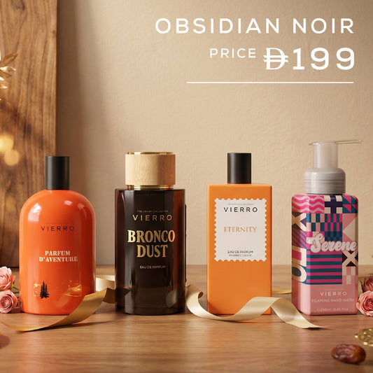 Vierro Obsidian Noir gift set with elegant black packaging and multiple skincare products inside.
