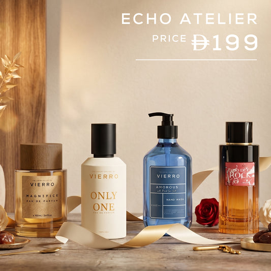 Vierro Echo Atelier gift set with assorted skincare products in elegant packaging, perfect for gifting.