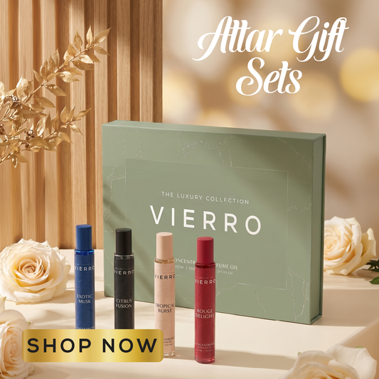 Vierro Luxury Attar Discovery Set for unisex, featuring multiple elegant perfume bottles in a sleek presentation.