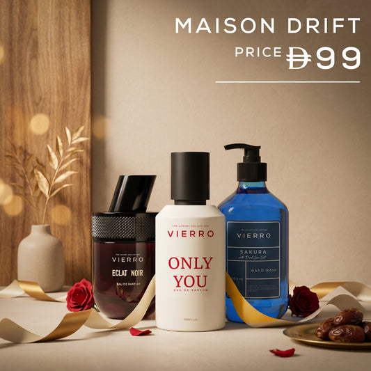 Vierro Maison Drift gift set with elegant packaging, including scented candles and luxury accessories for a stylish gift presentation.