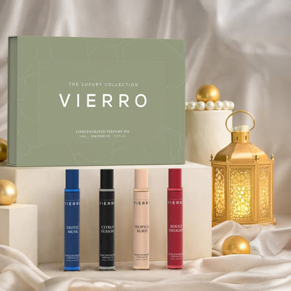 Unisex luxury attar discovery set by Vierro featuring several small glass bottles with aromatic fragrances.