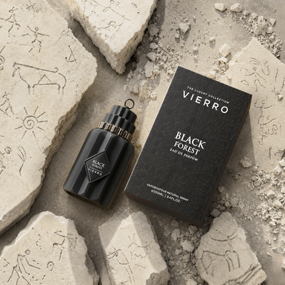 Black Forest perfume by Vierro, featuring a sleek black bottle and elegant box design.