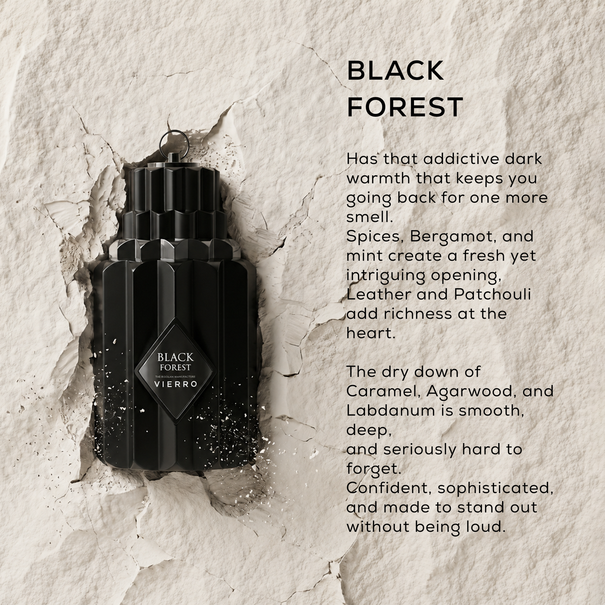 Black Forest perfume by Vierro, featuring a sleek bottle design and dark, elegant packaging, ideal for sophisticated fragrance lovers.