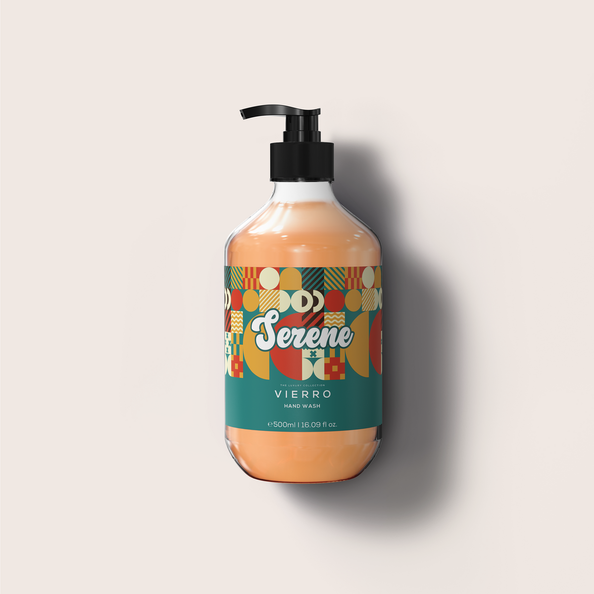 Serene Hand wash bottle with colorful label on a light gray background