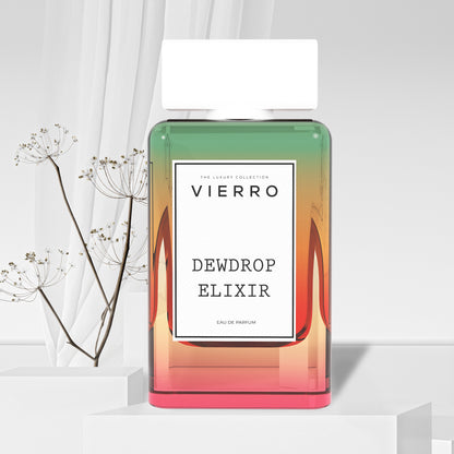 Vierro Dewdrop Elixir perfume bottle with a clear glass design and a stylish silver cap, showcasing a fresh and elegant fragrance.