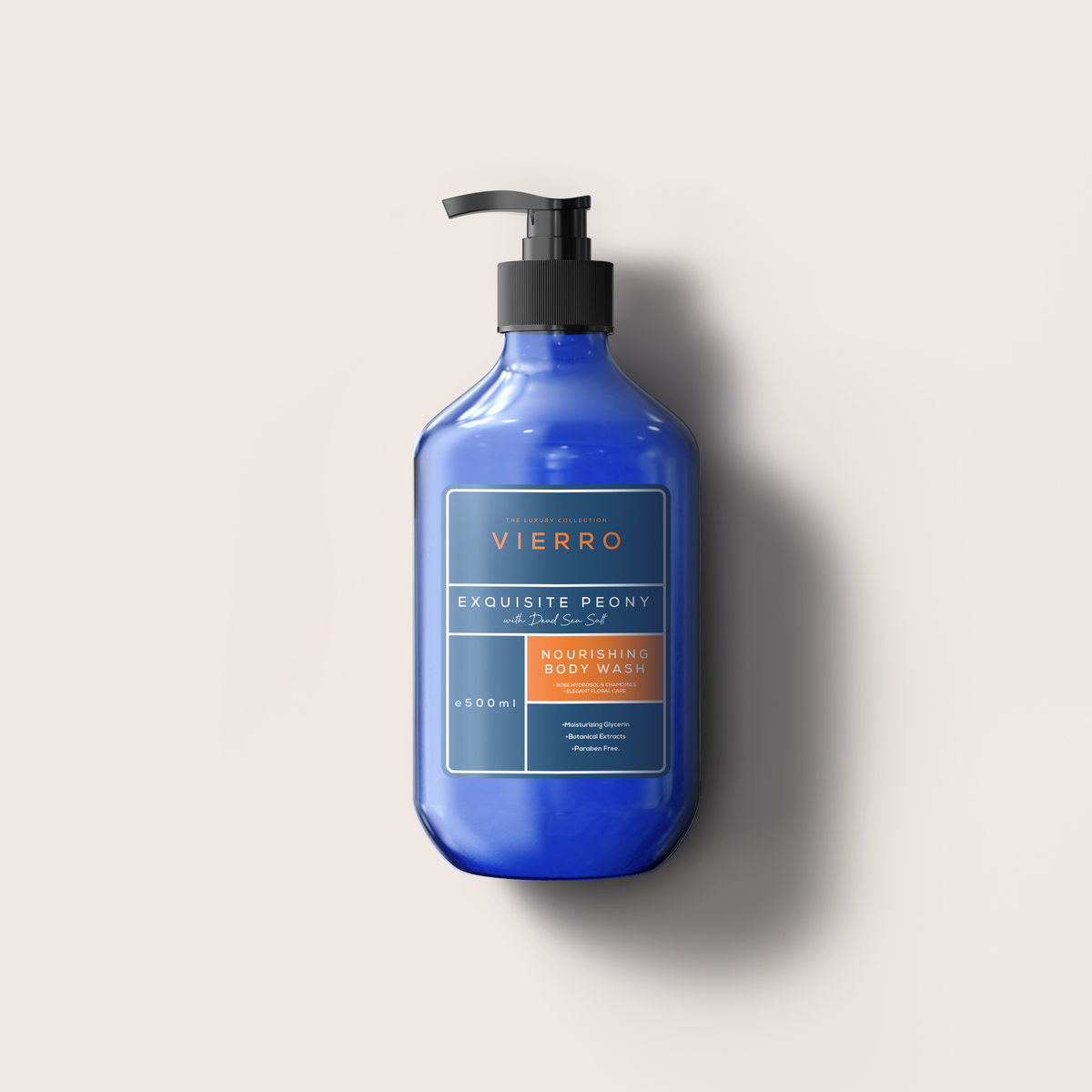 A 500ml blue pump bottle of Vierro Exquisite Peony Body Wash against a neutral light background.