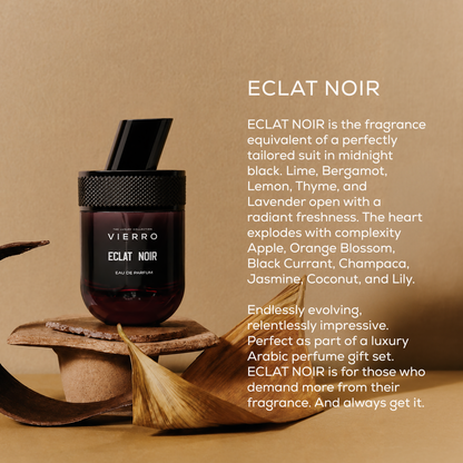 Vierro ECLAT NOIR perfume bottle with sleek black design, showcasing the luxurious fragrance product.