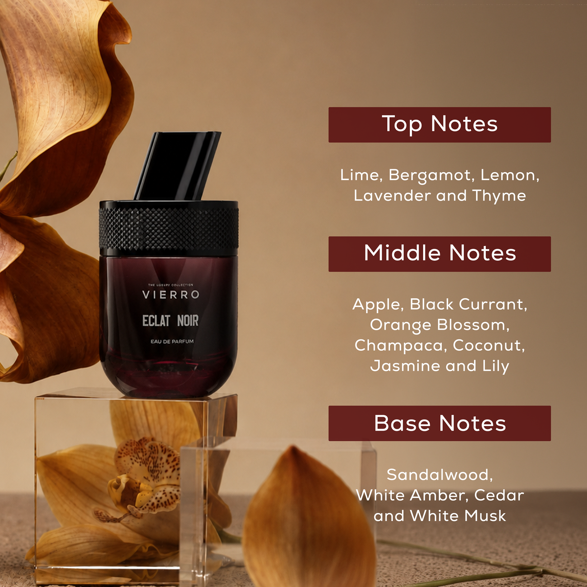Vierro ECLAT NOIR perfume bottle with sleek black design, showcasing the elegant fragrance packaging.
