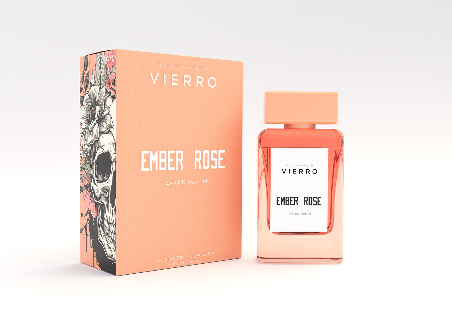Vierro Ember Rose perfume bottle with elegant floral design, showcasing the luxurious fragrance for women.