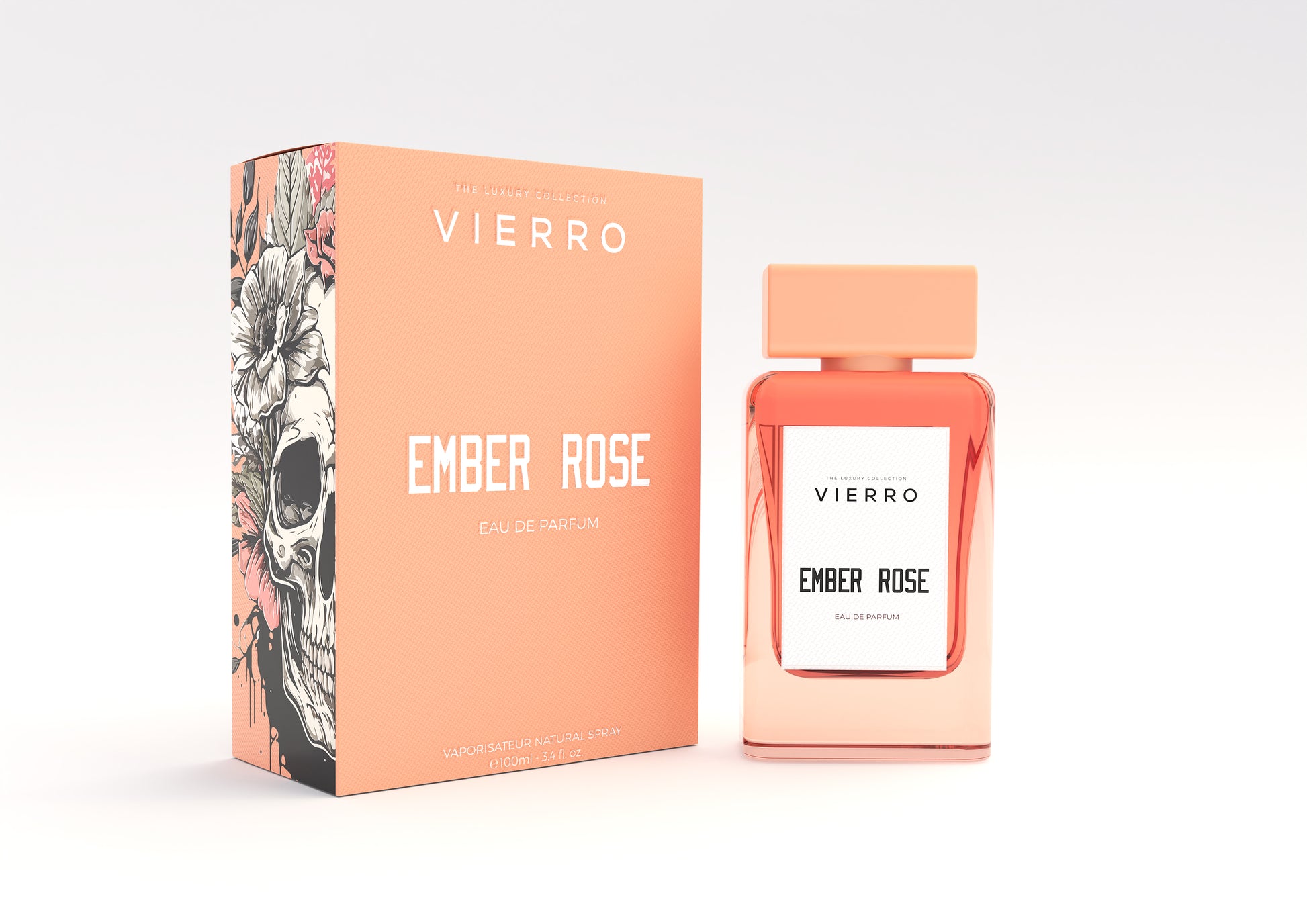 Vierro Ember Rose perfume bottle with elegant floral design, showcasing the luxurious fragrance for women.