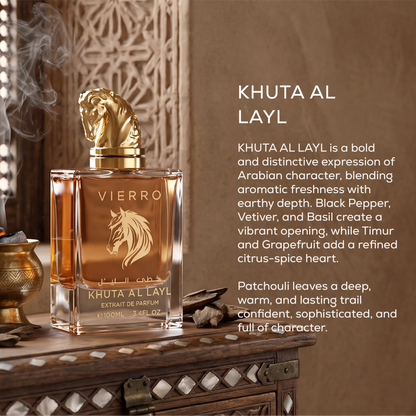 Promotional graphic for KHUTA AL LAYL Extrait de Parfum by Vierro featuring a 100ml bottle with a gold horse head cap on an ornate wooden surface with descriptive text and an incense burner in the background.