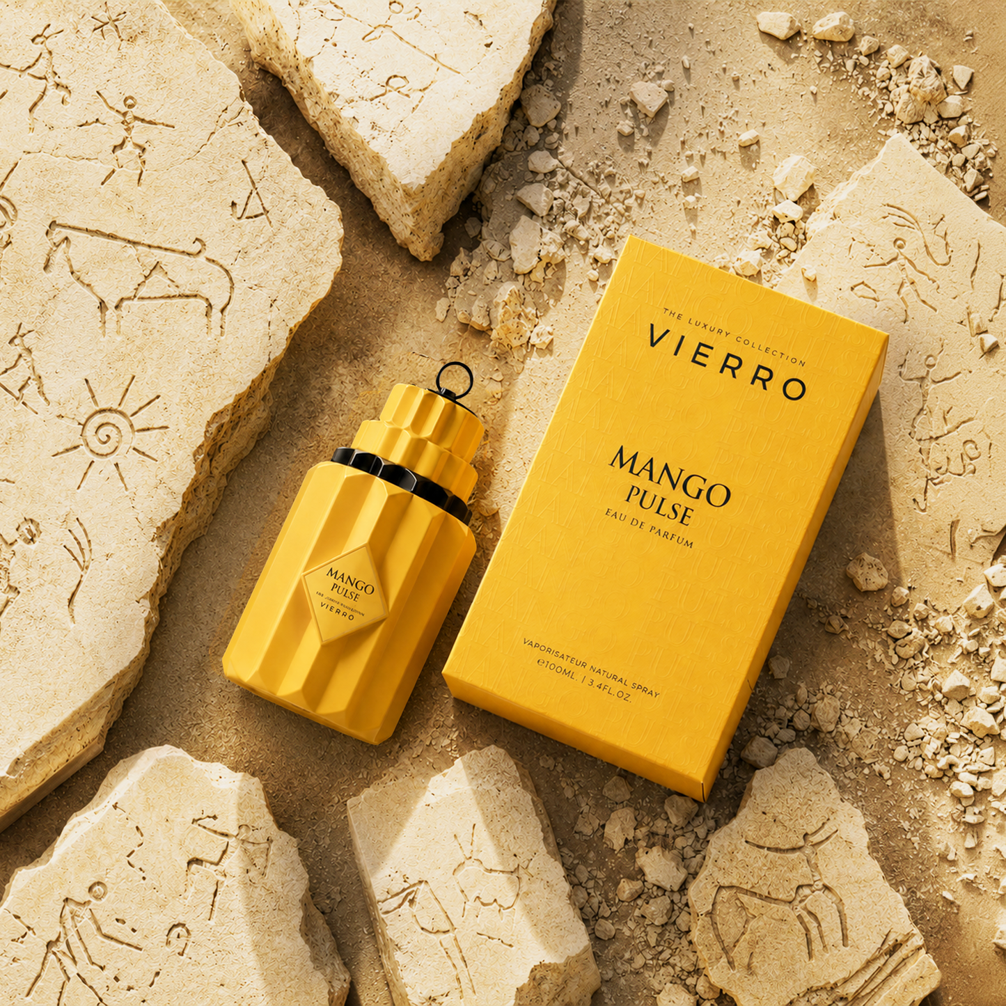 Vierro Mango Pulse perfume bottle and box, featuring vibrant packaging for the fruity, floral fragrance display.