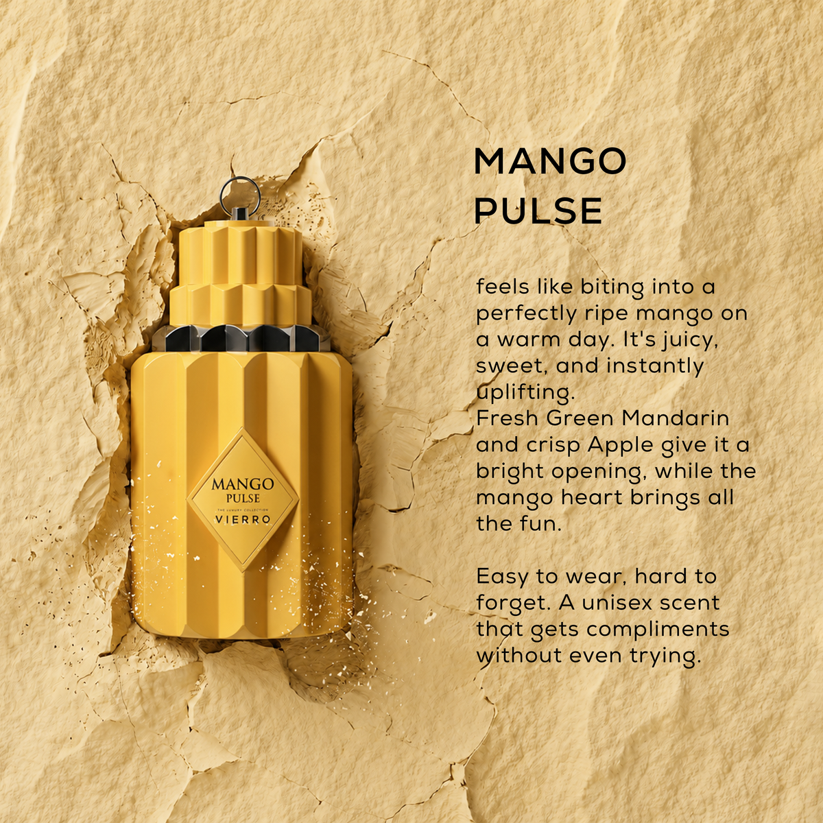 Vierro Mango Pulse perfume bottle with vibrant packaging, showcasing the fruity and floral scent profile of the fragrance.