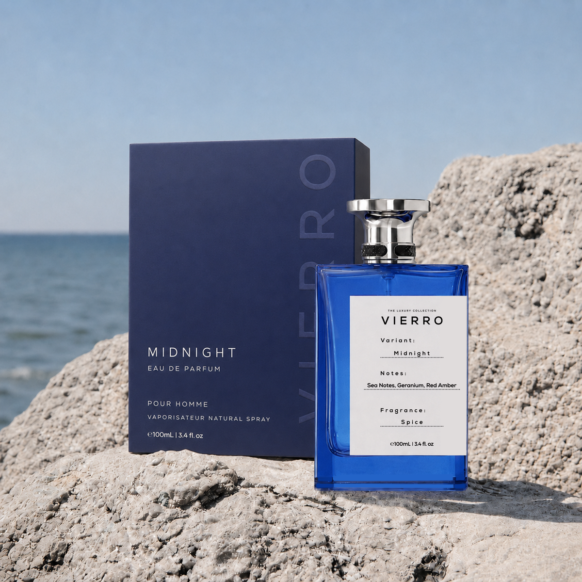Vierro Midnight perfume box and bottle, elegant dark design, showcasing the luxurious fragrance packaging and stylish bottle.