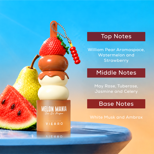 Vierro Melon Mania perfume bottle with a sleek design, showcasing fresh melon scent notes in a stylish fragrance container.