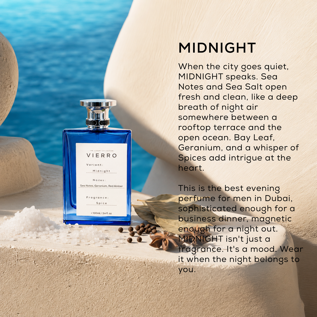 Vierro Midnight perfume bottle with sleek black design, showcasing the elegant packaging of the Midnight fragrance.
