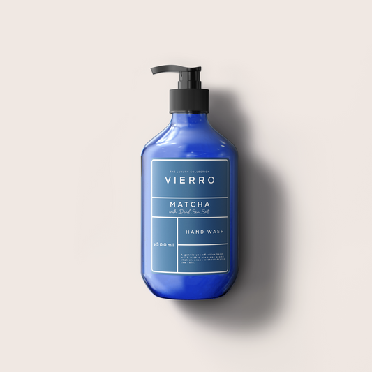 Vierro Matcha Handwash bottle with green label and pump, showcasing natural ingredients and refreshing scent.