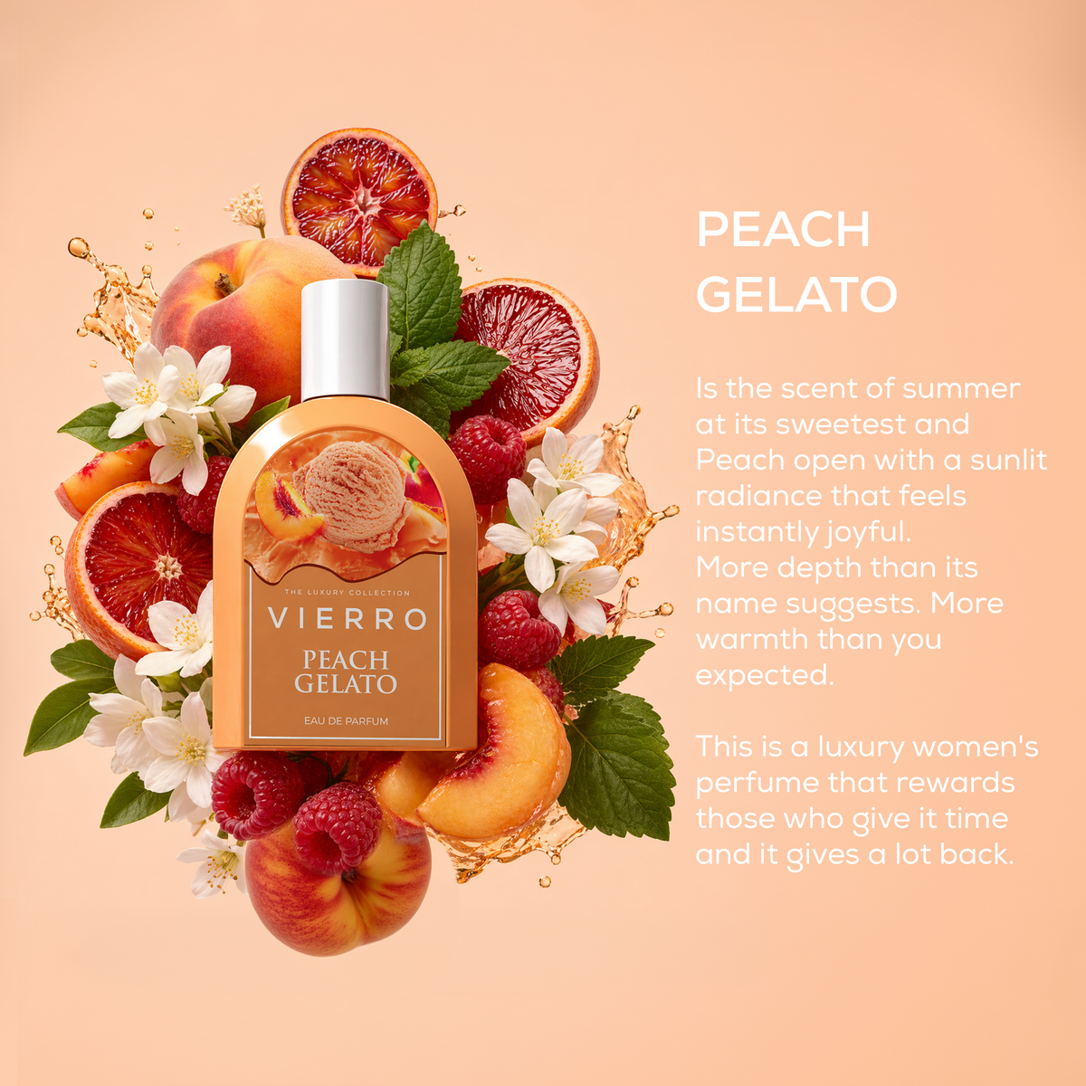 Creamy peach gelato by Vierro served in a bowl with fresh peach slices and mint garnish, showcasing a delicious summer treat.