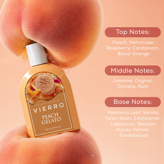 Creamy peach gelato by Vierro with smooth texture and fresh peach flavor, shown in a close-up image.