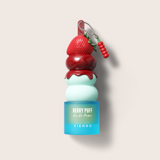 Vierro Berry Puff perfume bottle with pink and purple packaging, showcasing a fruity and floral scent design.