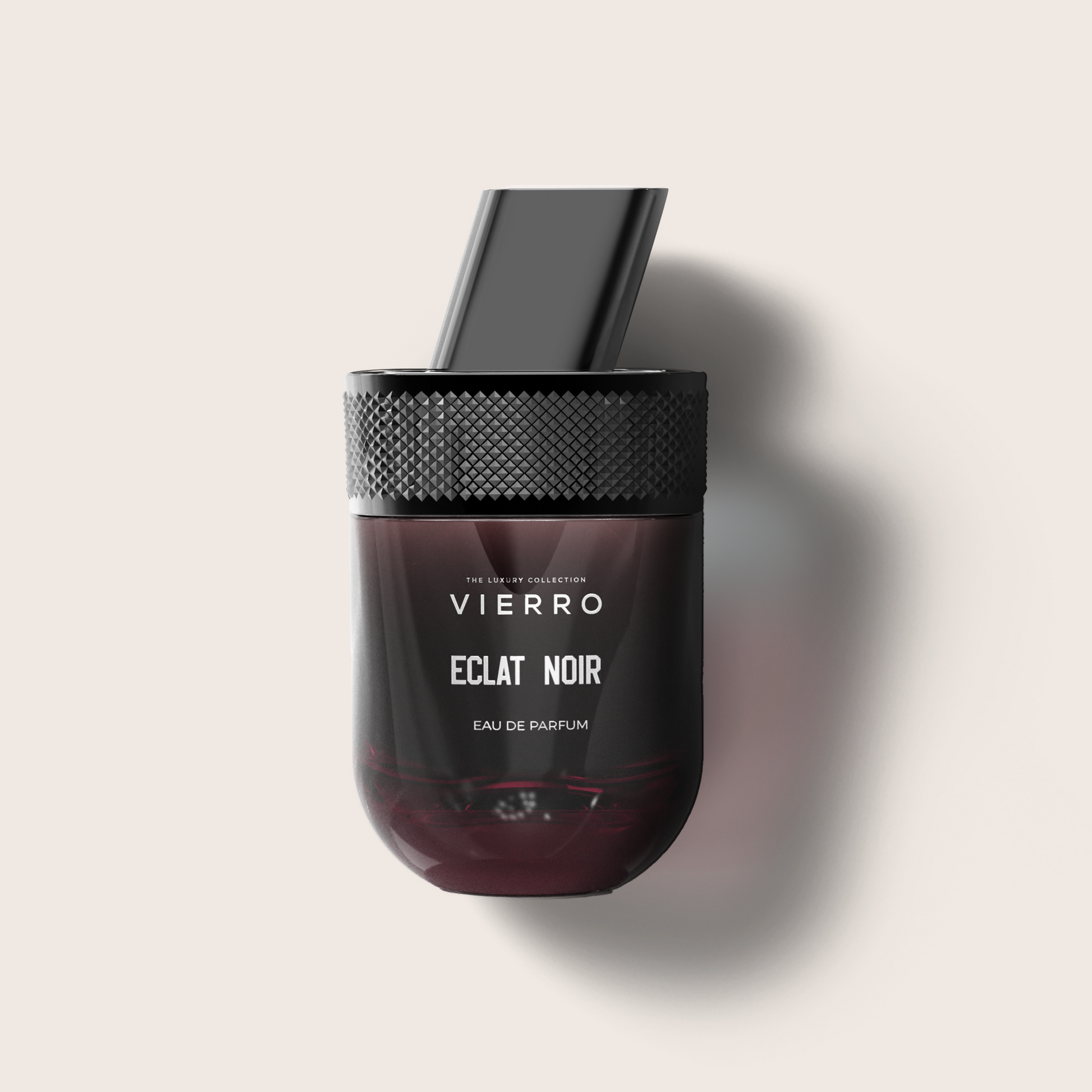 Eclat Noir perfume by Vierro, elegant glass bottle with dark accents, showcasing a luxurious fragrance product.