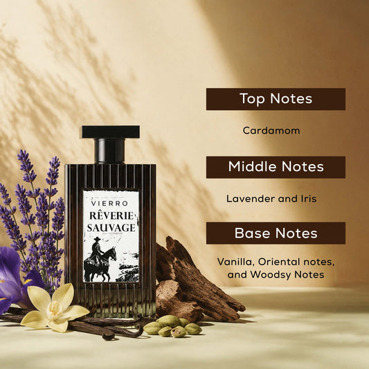 Vierro Reverie Sauvage perfume bottle with notes illustration, showcasing elegant packaging and fragrance details.