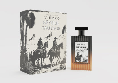Vierro Reverie Sauvage perfume bottle with elegant, sleek design and floral accents on the packaging.