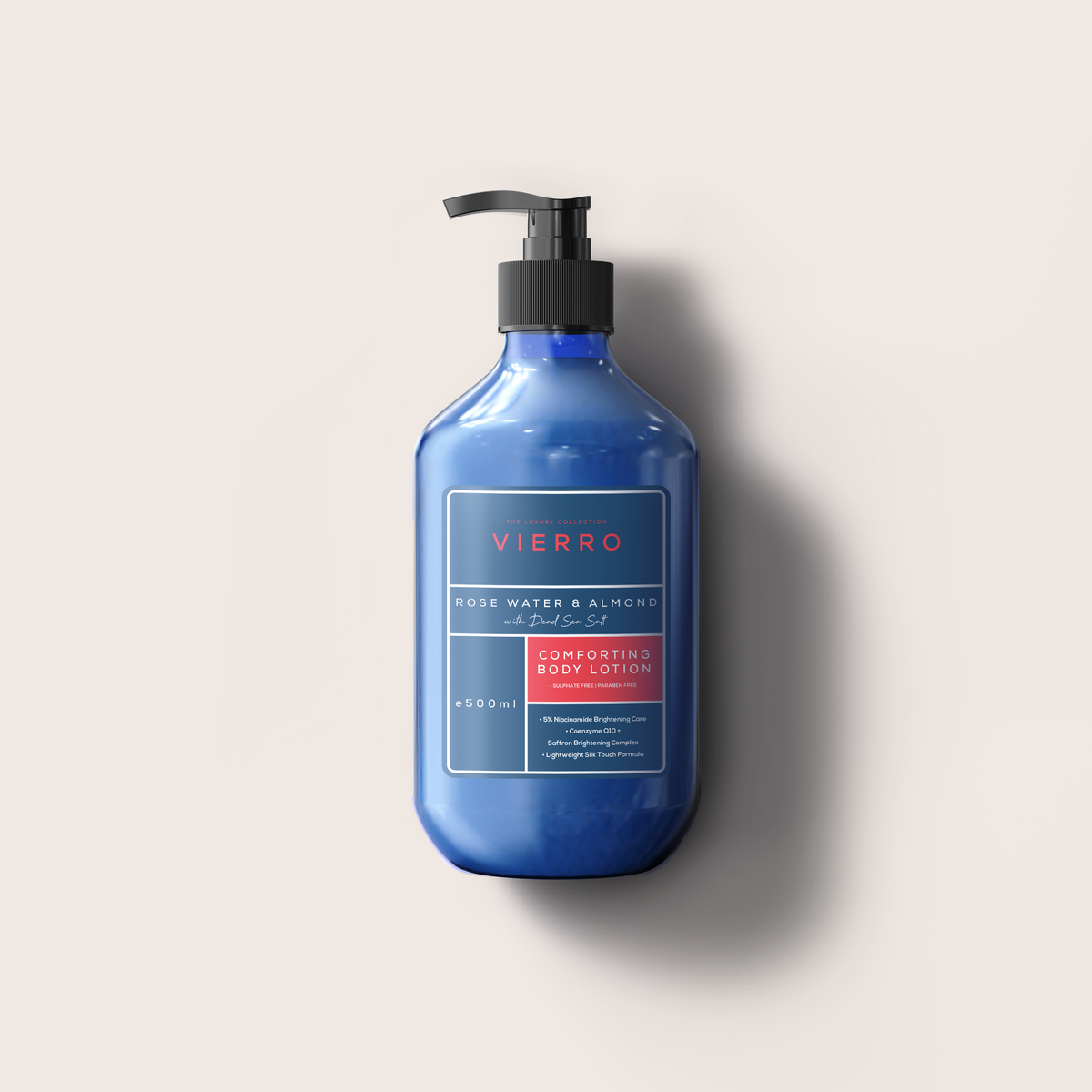 A 500ml blue pump bottle of Vierro Rose Water & Almond Comforting Body Lotion against a neutral light background.