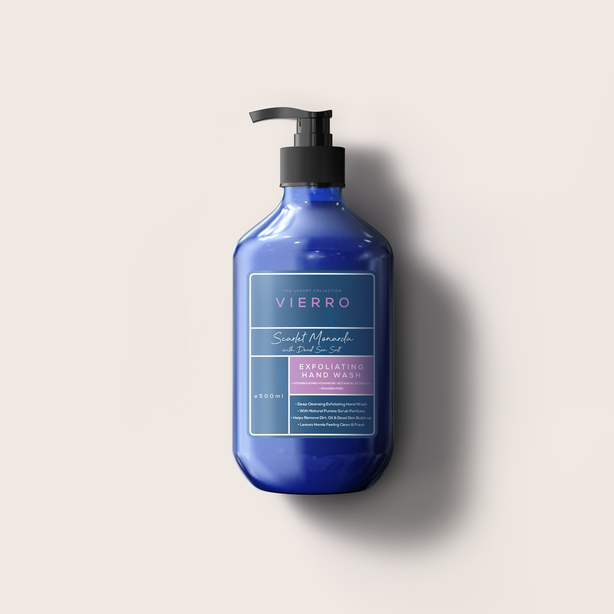 A 500ml blue pump bottle of Vierro Scarlet Monarda Exfoliating Hand Wash against a neutral light background.