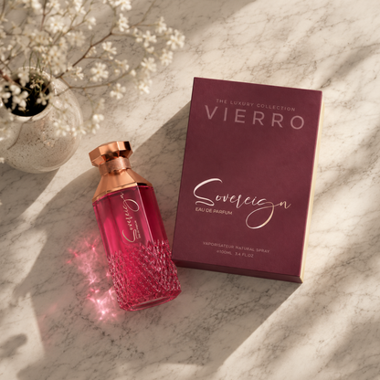 Sovereign Premium women's fragrance box and bottle inspired by French and Arabic perfumery traditions for long-lasting elegance.