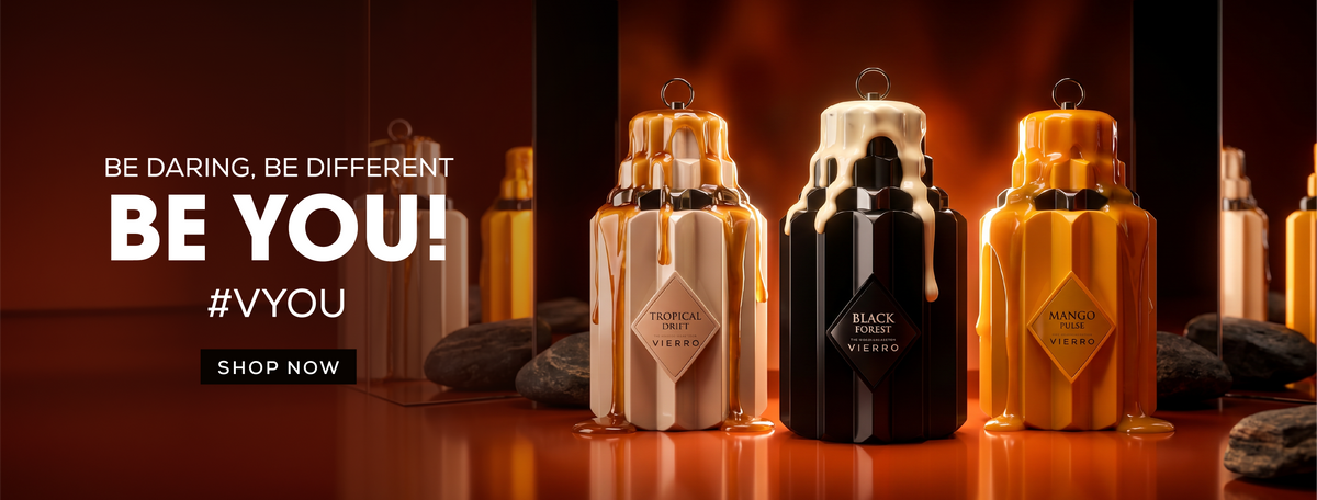 Three perfume bottles with different designs on a dark background, featuring the text 'Be Daring, Be Different, Be You! #VYOU Shop Now'.