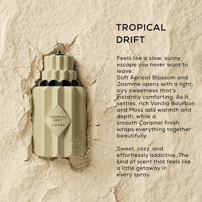 Vierro Tropical Drift perfume bottle with vibrant tropical design, showcasing the floral and fruity scent profile.