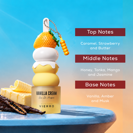 Vierro Vanilla Cream perfume bottle with creamy vanilla scent notes and elegant packaging, showcasing a luxurious fragrance.