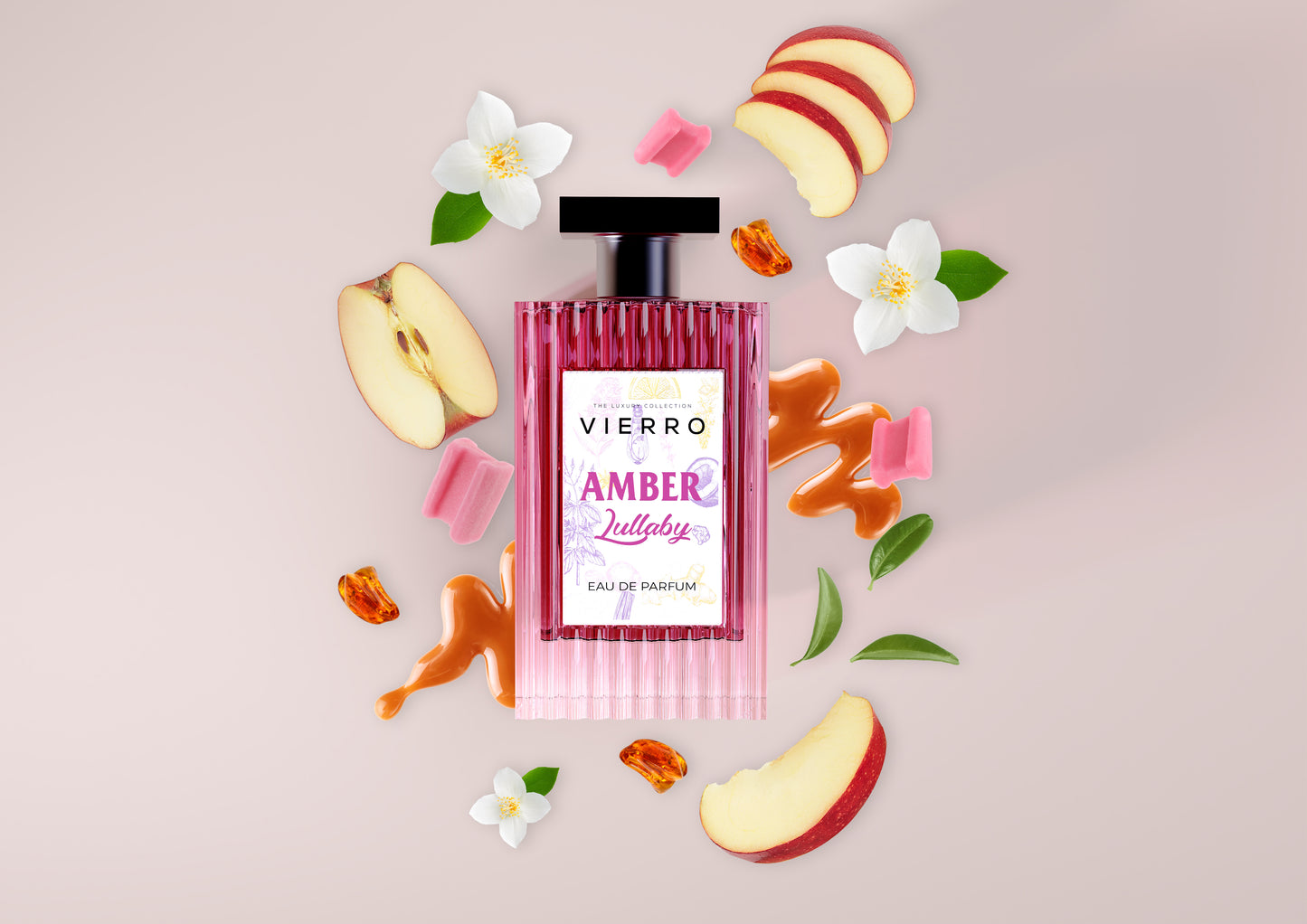 Amber Lullaby perfume by Vierro, showcasing elegant glass bottle with warm amber-colored fragrance liquid.