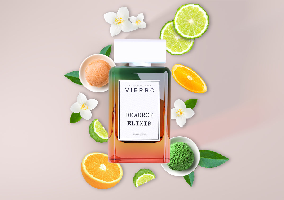 Bottle of Vierro Dewdrop Elixir perfume with floral and fresh notes, displayed on a decorative background.