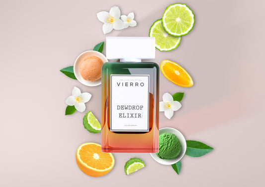 Bottle of Vierro Dewdrop Elixir perfume with floral and fresh notes, displayed on a decorative background.