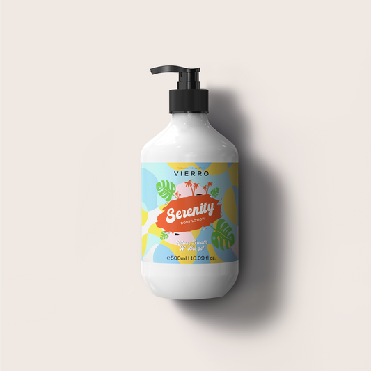 White lotion bottle with colorful label on a light gray background