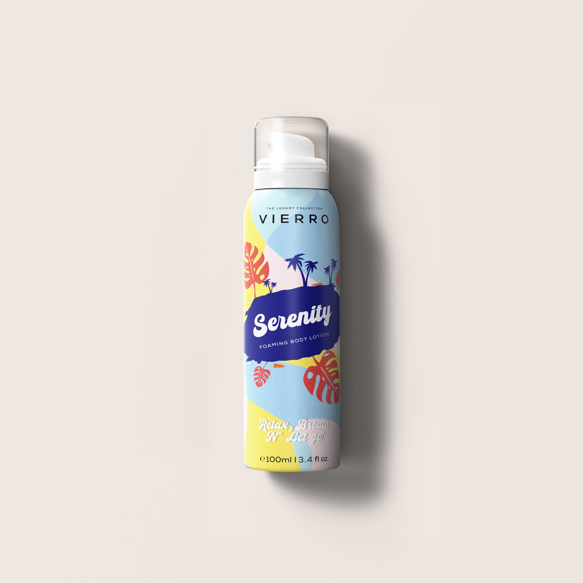 Viero Serenity body lotion bottle with colorful design on a light gray background