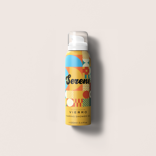Colorful bottle of Vierro foaming shower gel on a light gray background