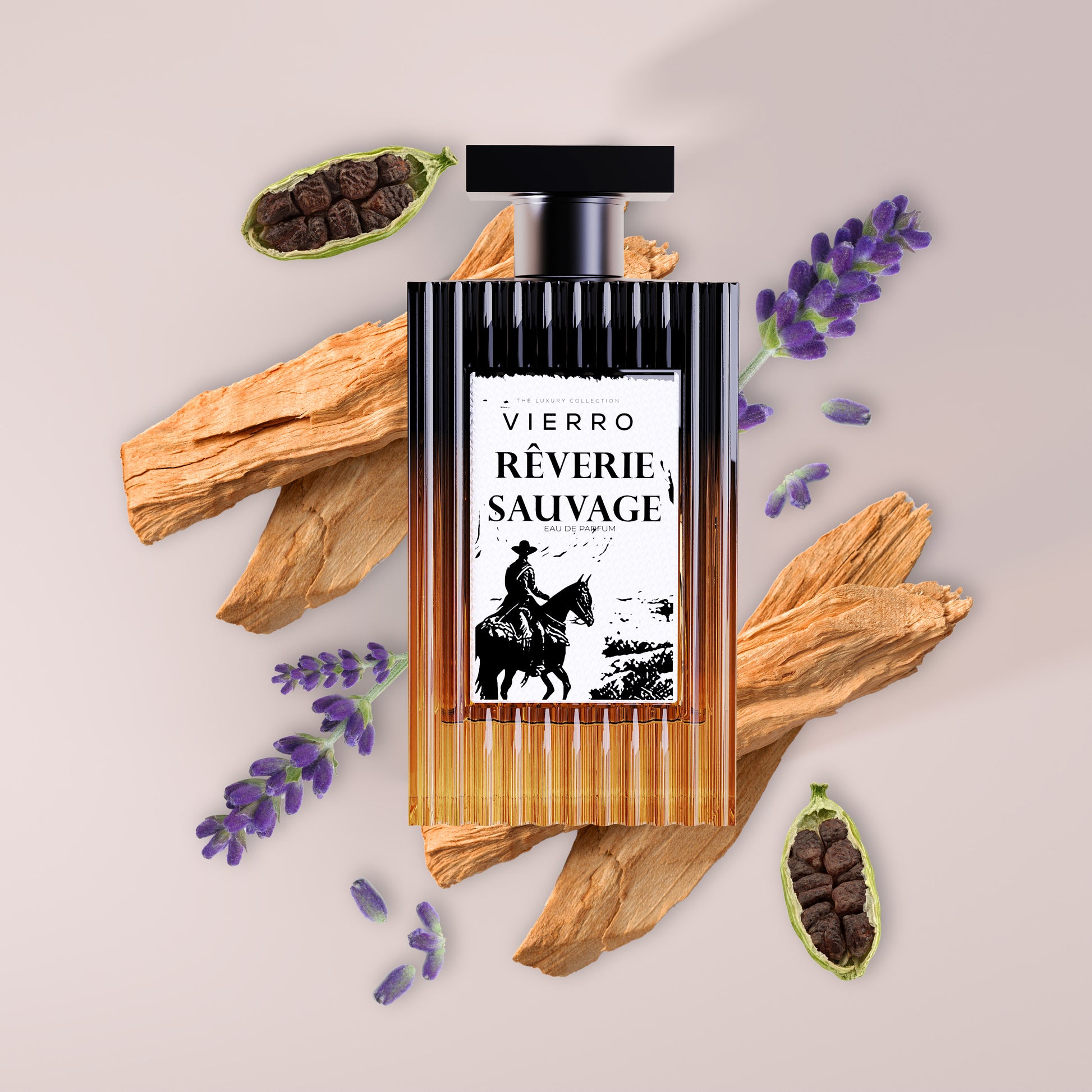 Image of Vierro Reverie Sauvage perfume bottle with floral and citrus notes on the label.